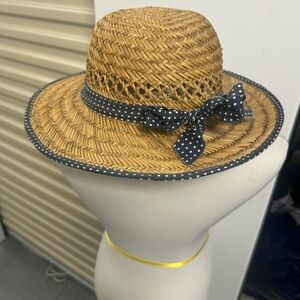 Vintage Straw Hat with Navy Polka Dot Ribbon